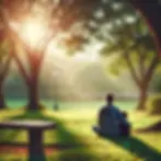 "A serene outdoor scene featuring a parent and child sharing a quiet moment of connection in a peaceful park. Sunlight filters through trees, and the pair sits on the grass, creating a calming and nurturing setting."
