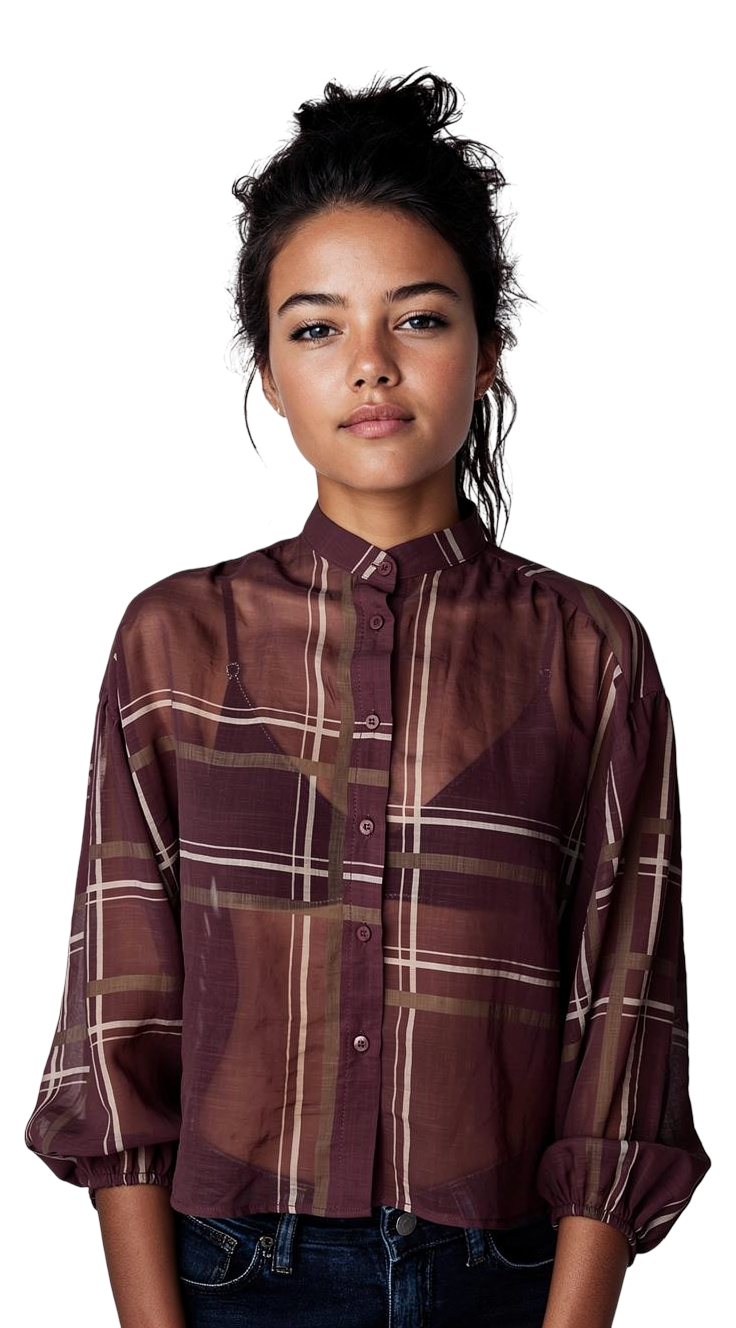 Thumbnail: Blouse Print Bordeaux met Bruin accent