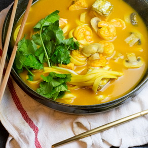 Creamy Thai Coconut Soup with Salmon and Prawns