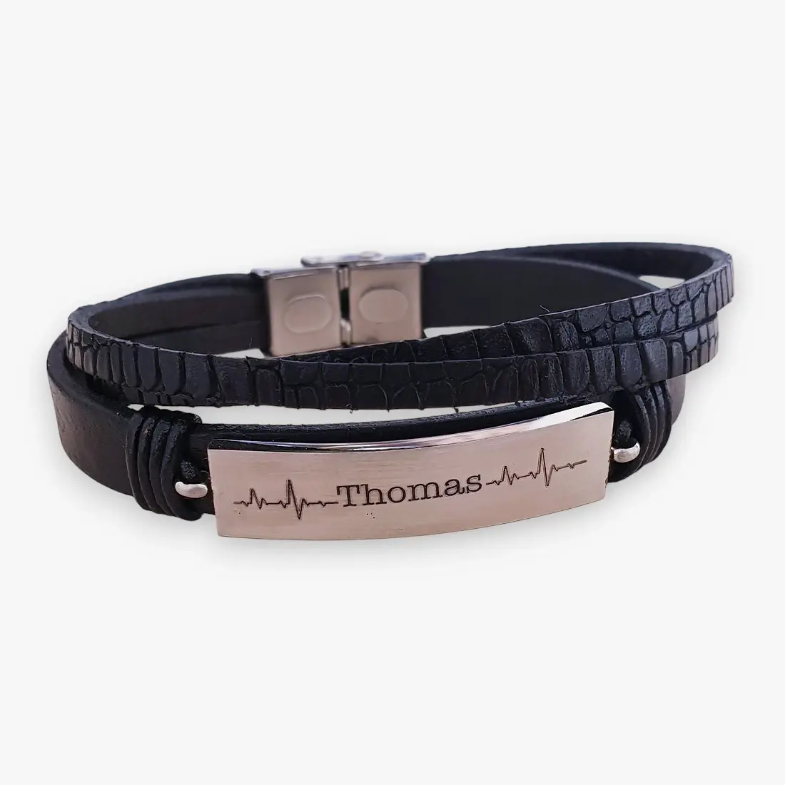 Bracciale Rock Acciaio e Doppia Pelle con Incisione in Acciaio