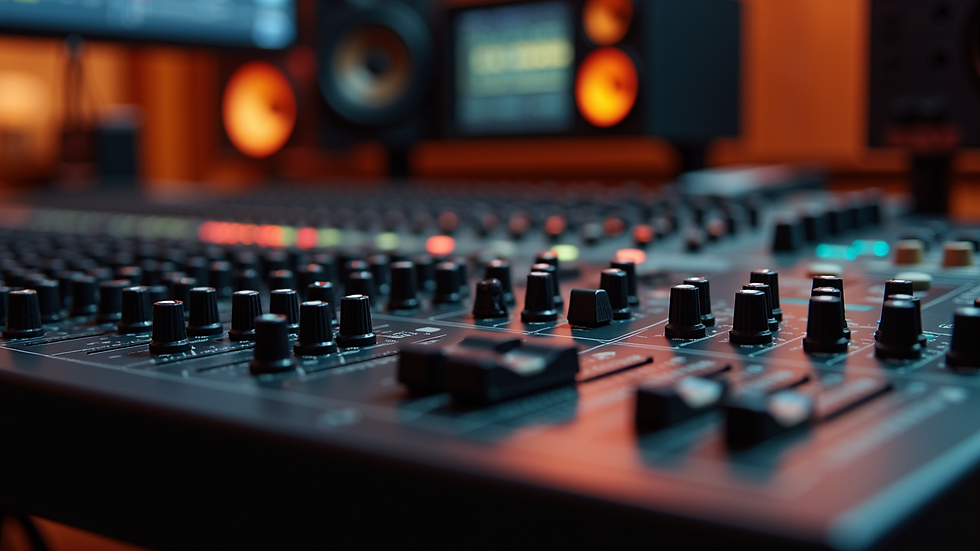 Close-up view of audio mixing equipment with various controls
