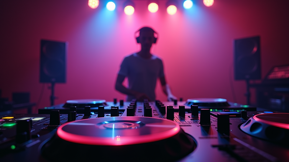 Eye-level view of a DJ setup with colorful lighting