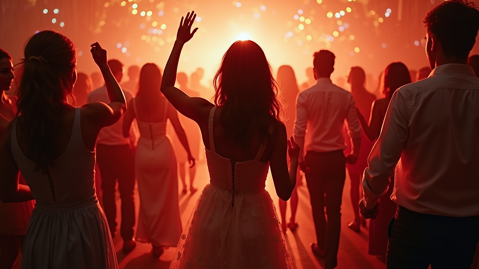 High-angle view of wedding guests dancing