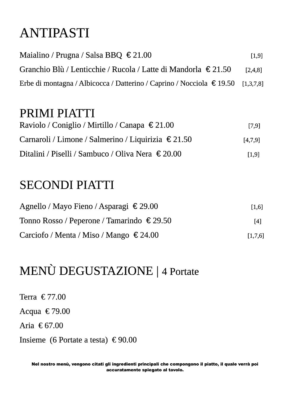 menu alla carte giugno 2026
