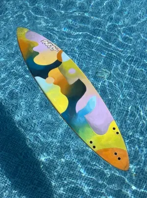 Colourful Art Abstract Faces on Surfboard Acrylic Paint For Boutique Surf Lodge by Kelly Becker