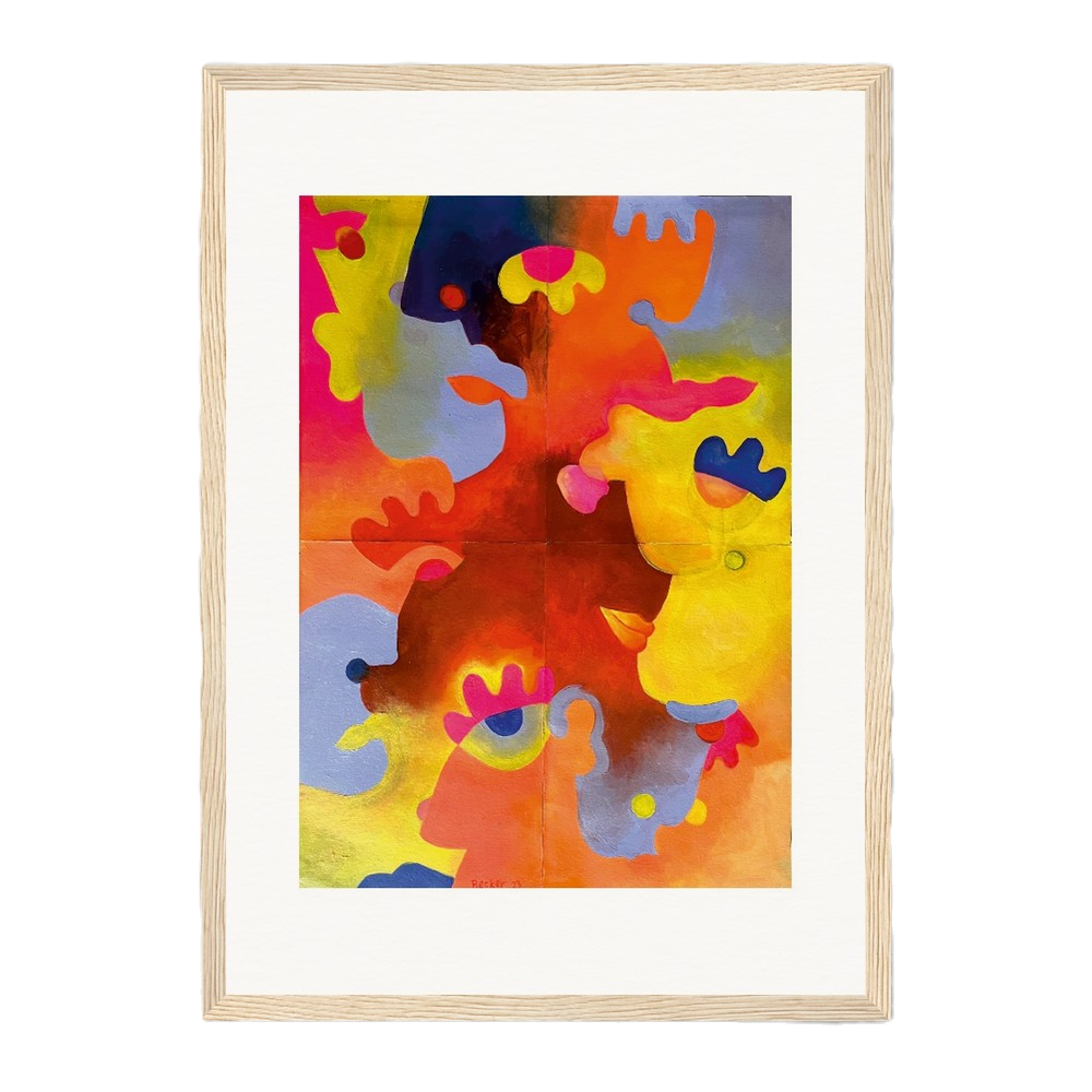 Vibrant colors painting of abstract faces on matte paper poster framed in natural wood