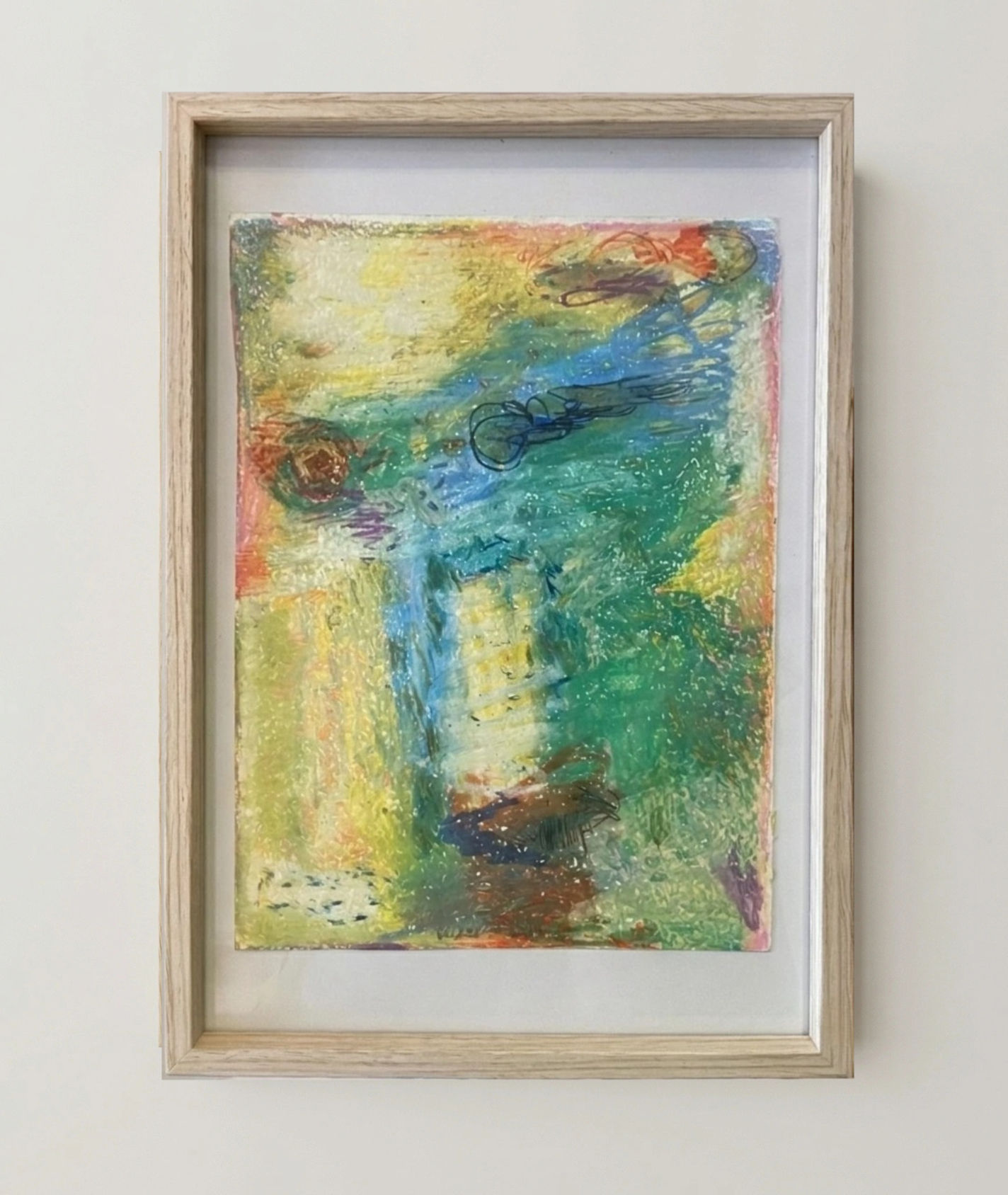 Original abstract artwork in pastel yellow and green tones, framed in natural wood, unique wall art for sale