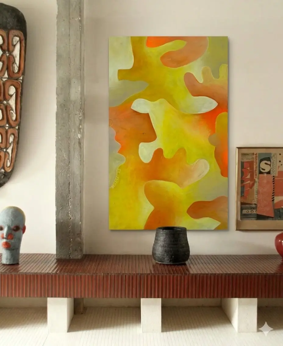 Thumbnail: Abstract painting on wood in warm yellow, orange and terracotta tones with fluid organic shapes,