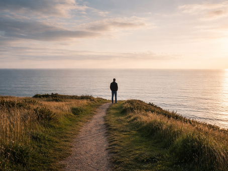 Solitary grieving person stands on a grassy cliff path, gazing at the calm ocean during sunset. Warm light creates a peaceful, contemplative mood.