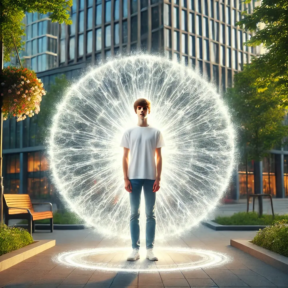 A young person stands in a city plaza, surrounded by a glowing white light, with tall buildings and trees in the background.