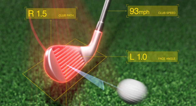 Close-up of club impact analysis with data overlays for club path, face angle, and swing speed from the Uneekor EYE XR.