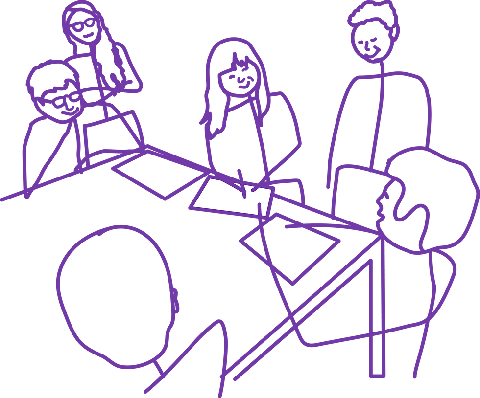 Stick figure drawing of Claire with graphic design students around a table.