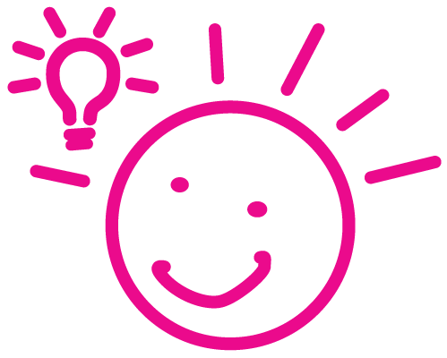 Line drawing of a stick figure face and light bulb representing an idea emerging