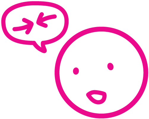 stick figure face and speech bubble containing arrows facing each other