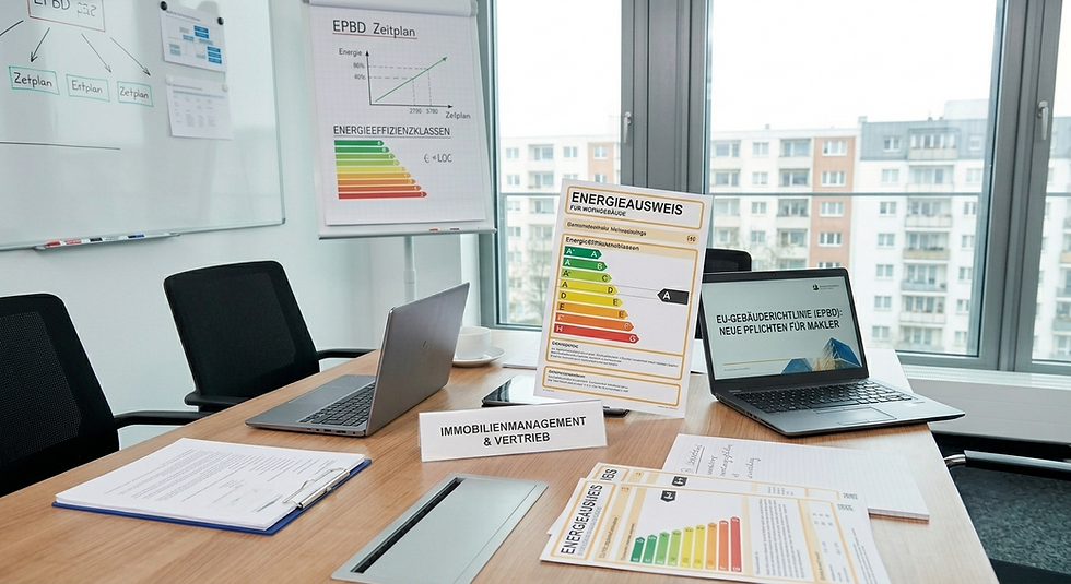 Ein Büro mit Bildern zum Energieausweis und der EU-Gebäuderichtlinie EPBD