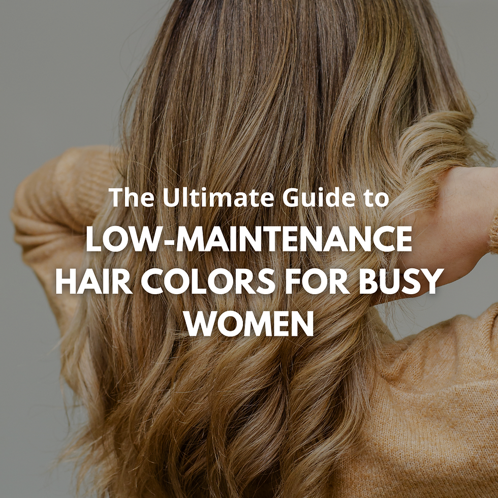 Banner image showing a woman with blonde hair from behind, with text overlay that says “The Ultimate Guide to Low-Maintenance Hair Colors for Busy Women.”