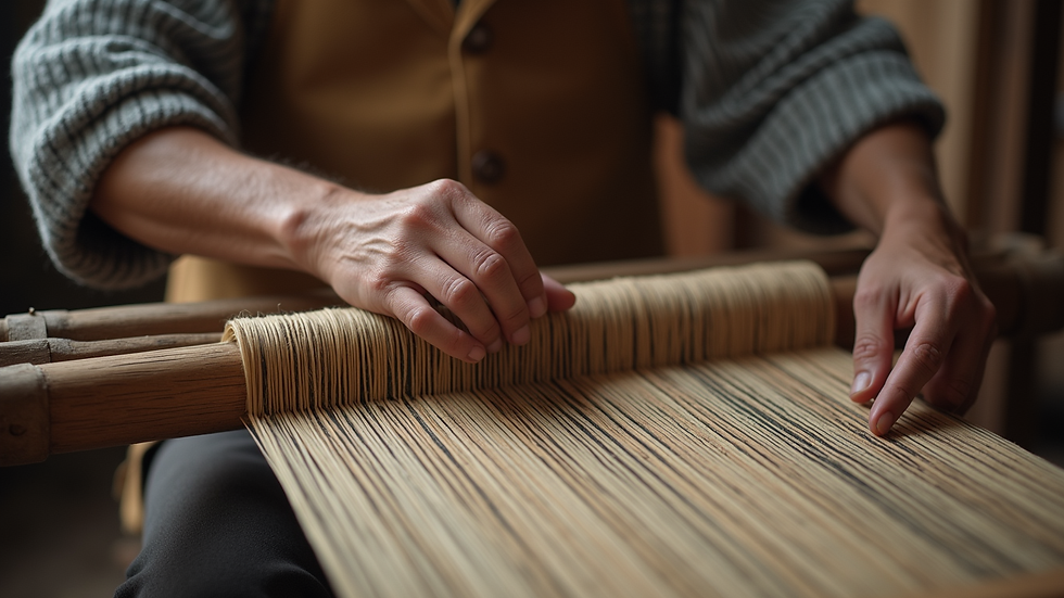 Close-up view of a craftsman weaving traditional fabric
