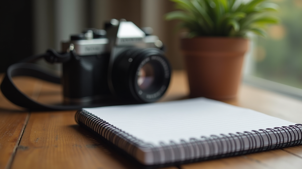 Close-up view of a journalist’s notebook and camera on a wooden table