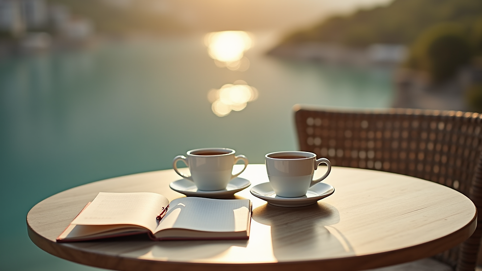 Vue en plongée d’une table avec deux tasses de thé et un carnet de notes, symbolisant un moment de partage