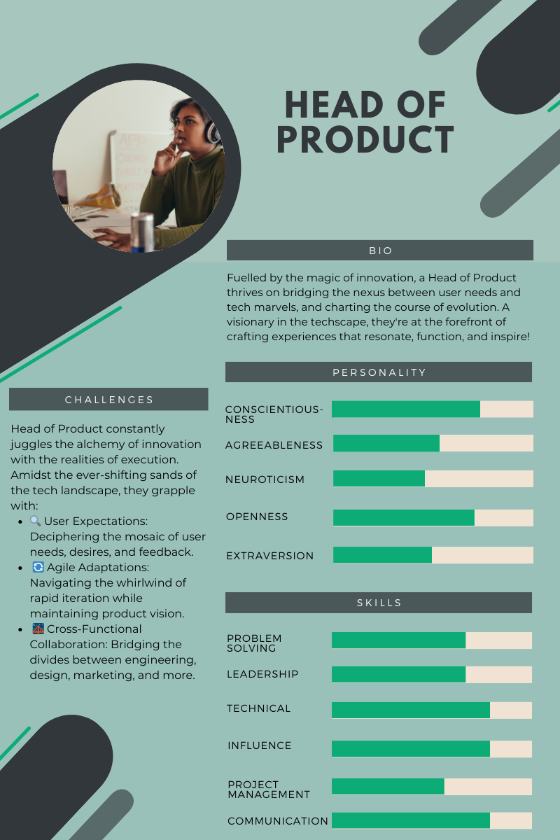 Head of Product persona sheet including bio, challenges, personality and skills
