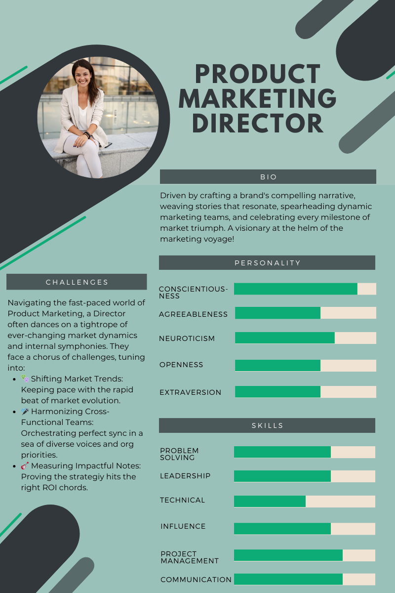 Product Marketing Director persona sheet including bio, challenges, personality and skills