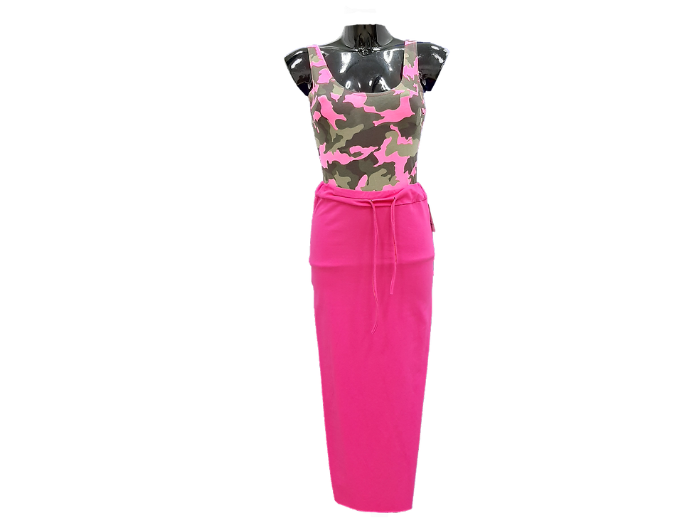 completo canotta fantasia militare rosa+gonna rosa con spacchi laterali