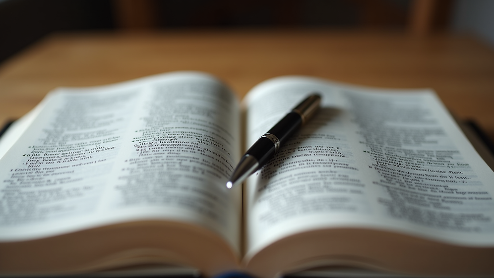 Close-up view of an open Bible with a pen resting on the page