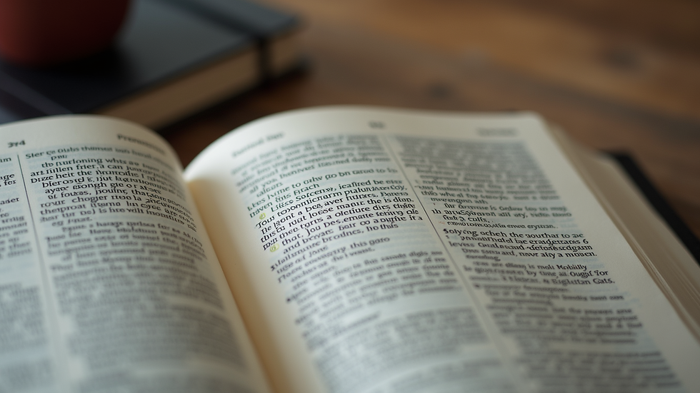 Close-up view of an open Bible with a highlighted verse and a notebook beside it