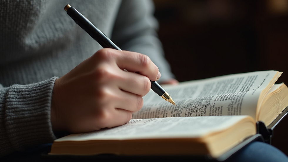 Close-up view of a person reading the Bible with a notebook