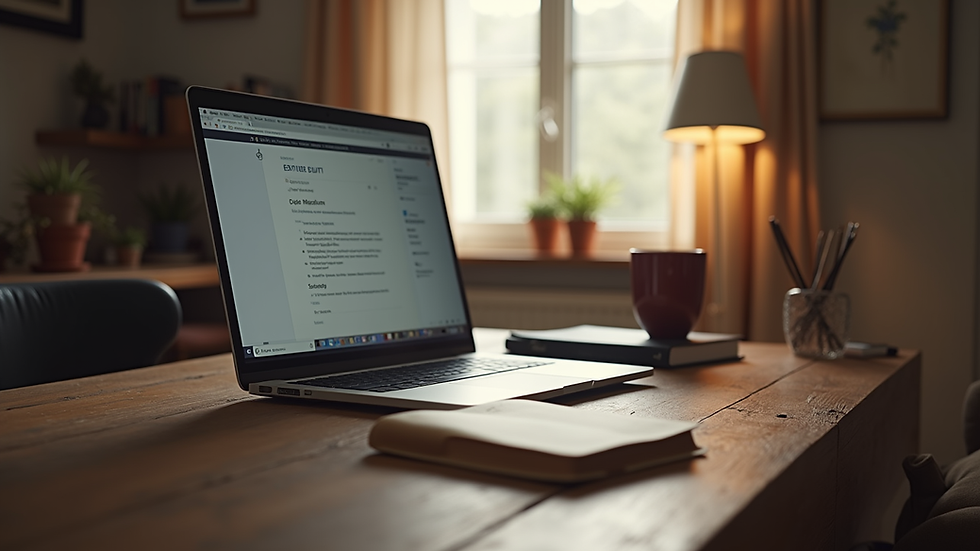 Eye-level view of a cozy home office setup with a laptop and a Bible