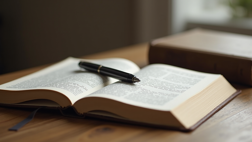 Close-up view of a journal with a pen and a Bible on a cozy table