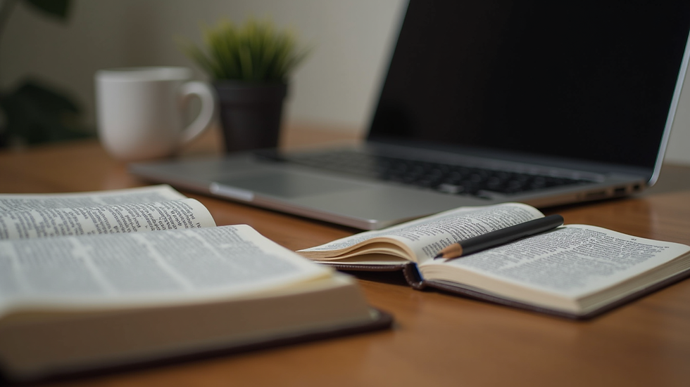 Eye-level view of a laptop on a wooden desk with a Bible and notebook