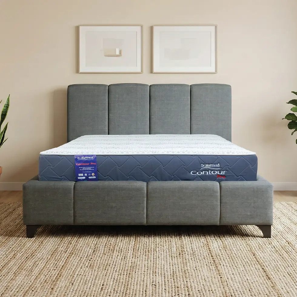 Grey upholstered bed frame with mattress for the Dr. Mattress All Beds category.
