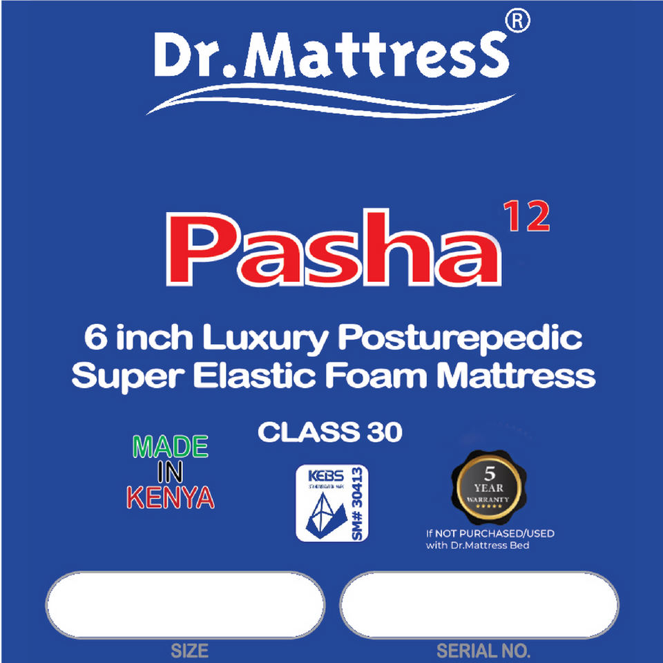 Pasha 12 technical specs: 6-inch luxury posturepedic super elastic foam, 5-year warranty, Made in Kenya.