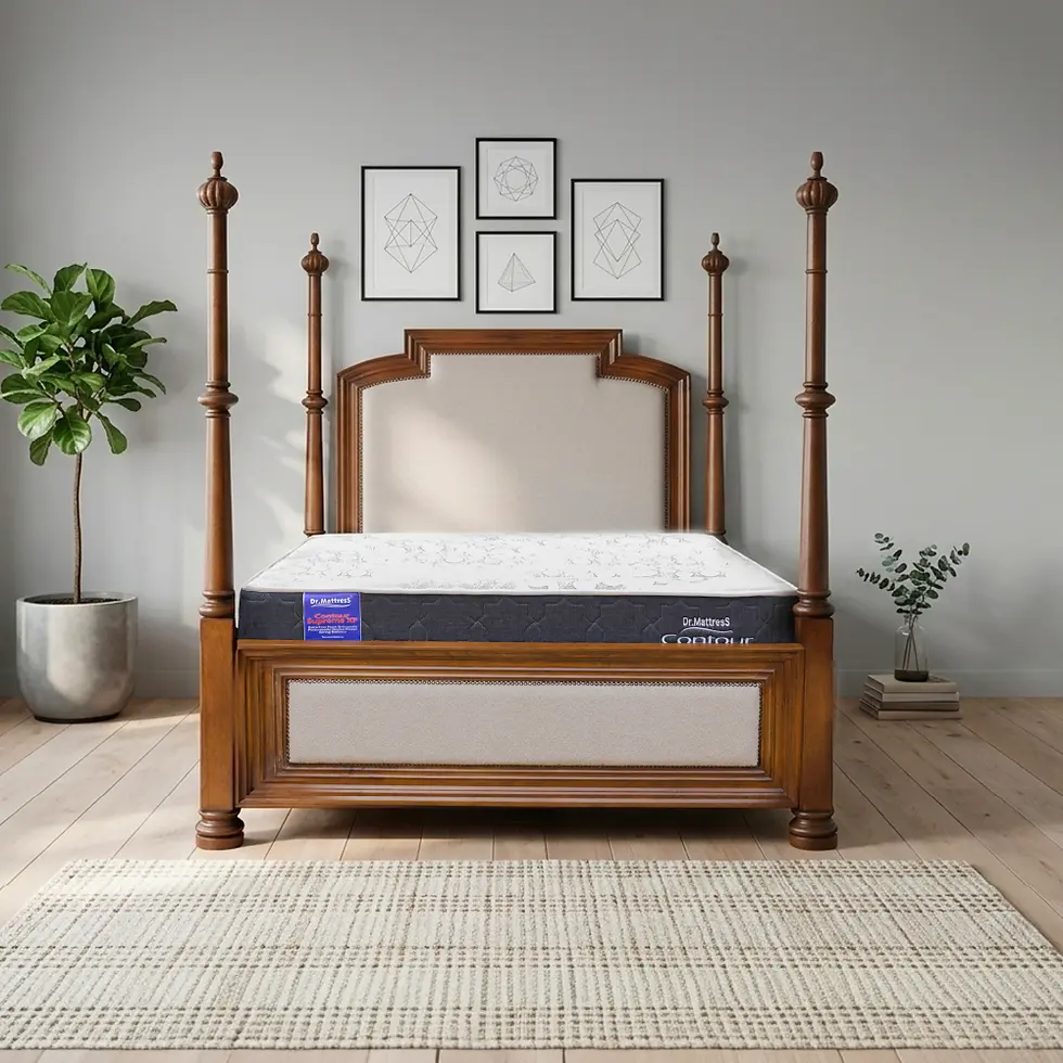 Brown wooden four-poster bed frame with mattress for the Dr. Mattress Solid Wood Beds category.