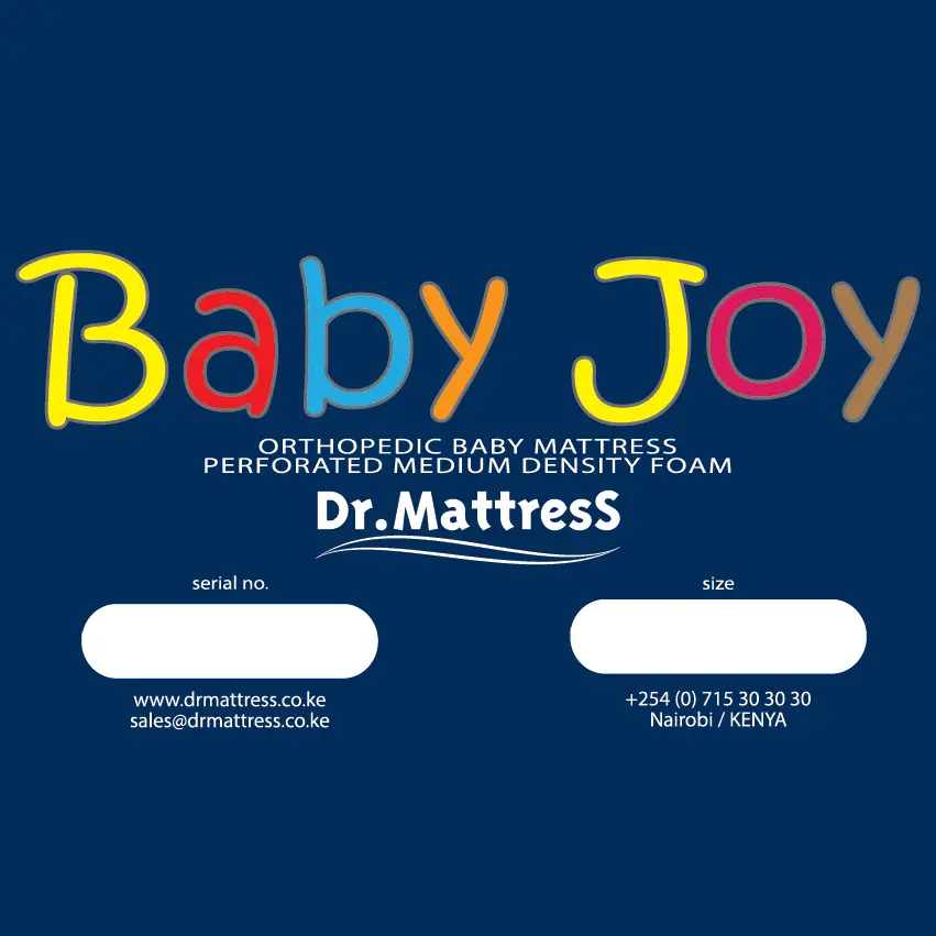 Dr. Mattress Baby Joy specs: Orthopedic baby mattress, perforated medium-density foam, Made in Kenya.