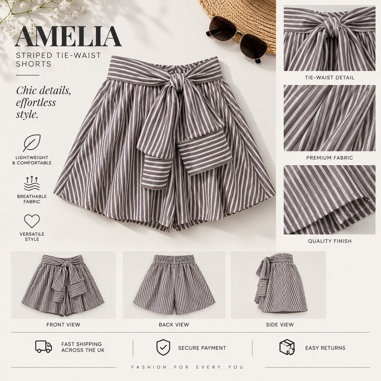 Amelia Striped Tie-Waist Shorts