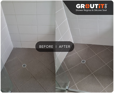 Before and after photo of a shower regrout