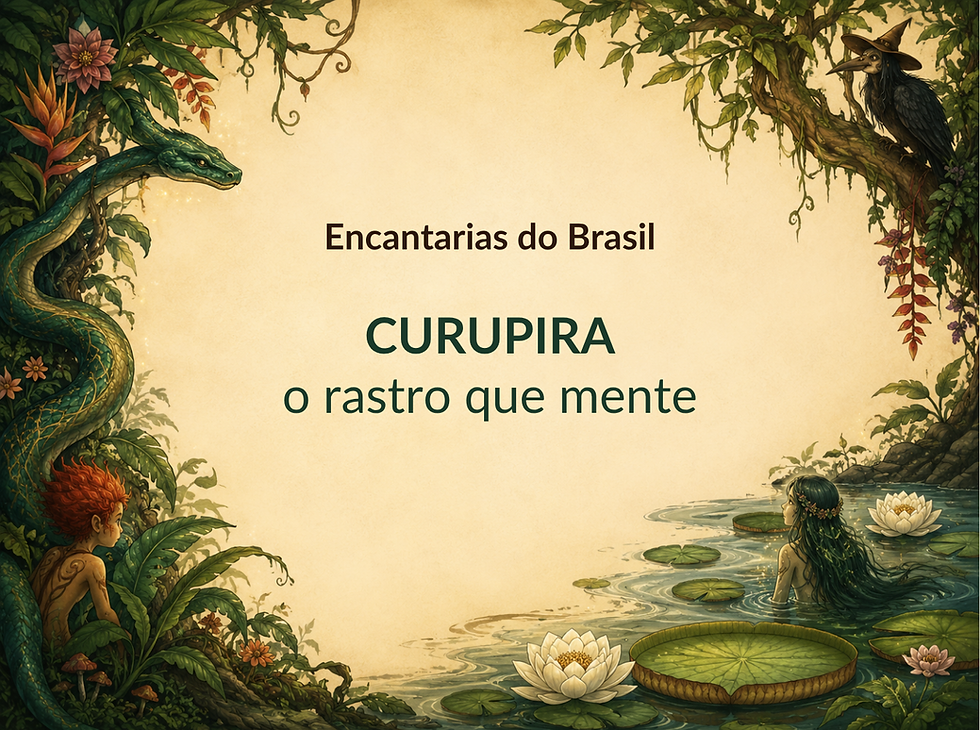 Ilustração da série “Encantarias do Brasil” com o título “Curupira: o rastro que mente”, cercado por vegetação de mata brasileira e personagens do imaginário folclórico, com o Curupira de cabelos vermelhos entre as folhas e uma figura feminina nas águas.