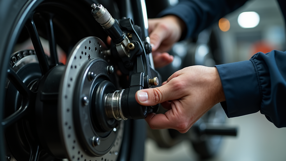 Close-up view of a mechanic’s hands working on motorcycle brakes
