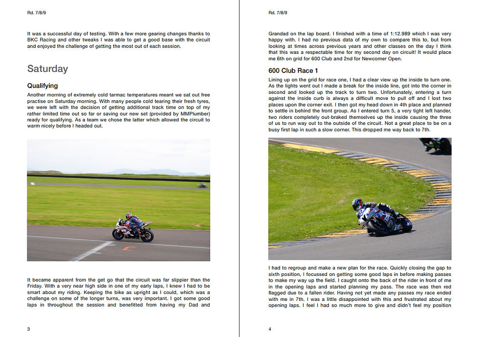 Two pages detail motorcycle racing, featuring text about qualifying and a 600 Club Race. Photos show a racer on a track, one mid-turn.