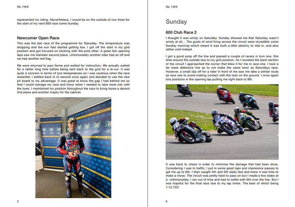 Motorcycle racer in suit with trophy, standing by a sponsor backdrop. Adjacent page shows racing action with multiple bikes on a track.