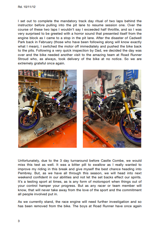 Document page with Rd. 10/11/12 text and two photos of a partially disassembled sport motorcycle in a workshop on a lift