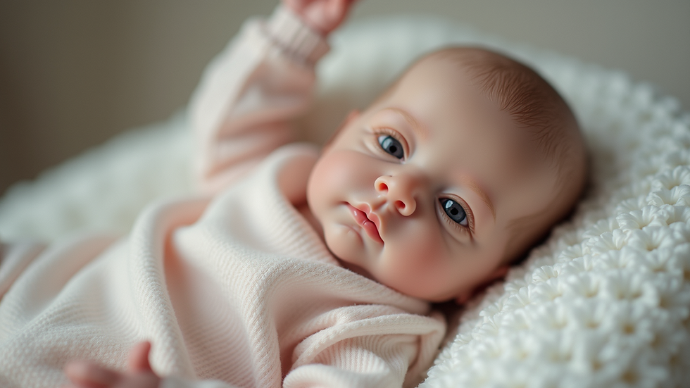 Eye-level view of a custom silicone reborn doll dressed in soft baby clothes