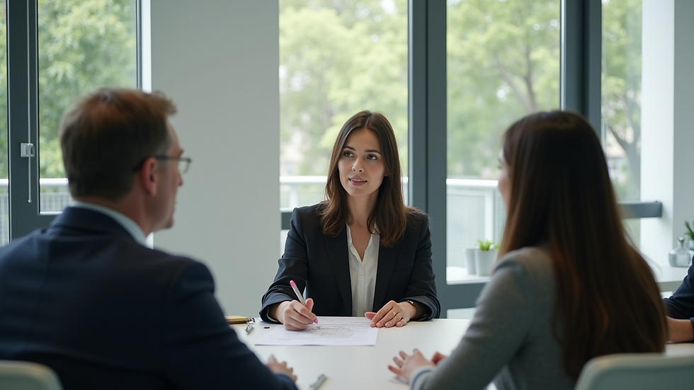 High angle view of a group of interviewers discussing candidate evaluations