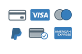 Credit and debit card icons: Visa, PayPal, American Express, and more.