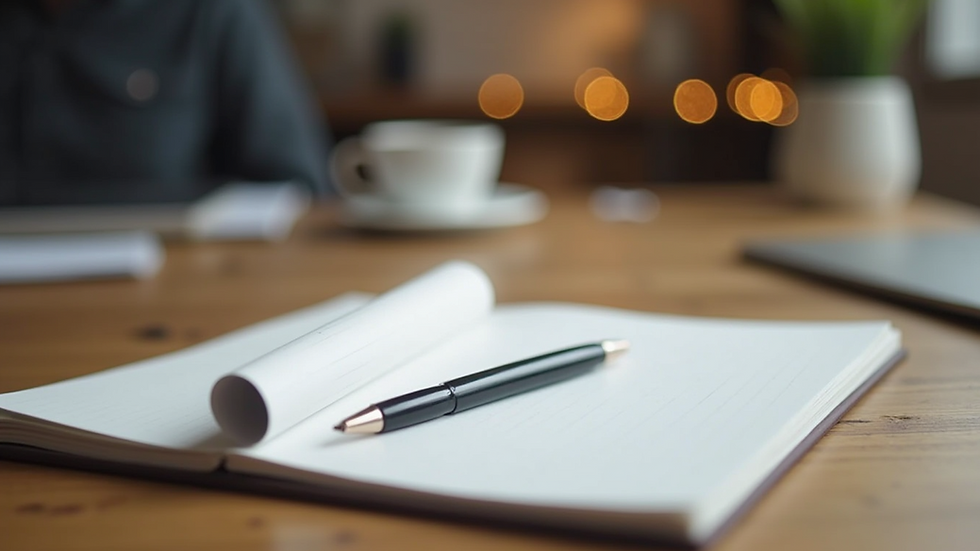 Eye-level view of a notepad and pen on a wooden table
