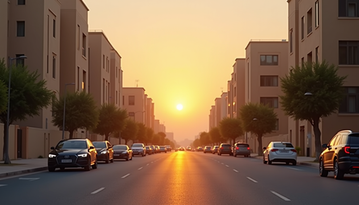 Eye-level view of a quiet street in a residential neighborhood during early morning