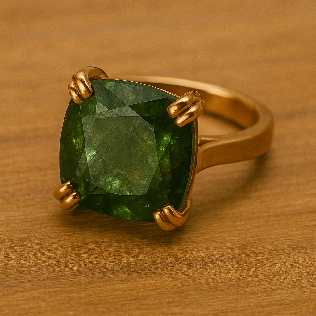 טבעת זהב 14 קראט עם אבן פרידוט בחיתוך מרובע