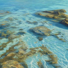 Peaceful beach with shallow aqua water, sparkling with sunlight and seaweed, greens, Margaret River, Western Australia